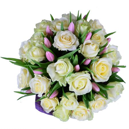 Buy a bouquet of white roses and tender pink tulips